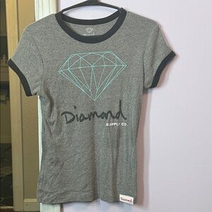 Diamond Supply Co. Grey Tee with Turquoise Diamond Graphic and Black Trim